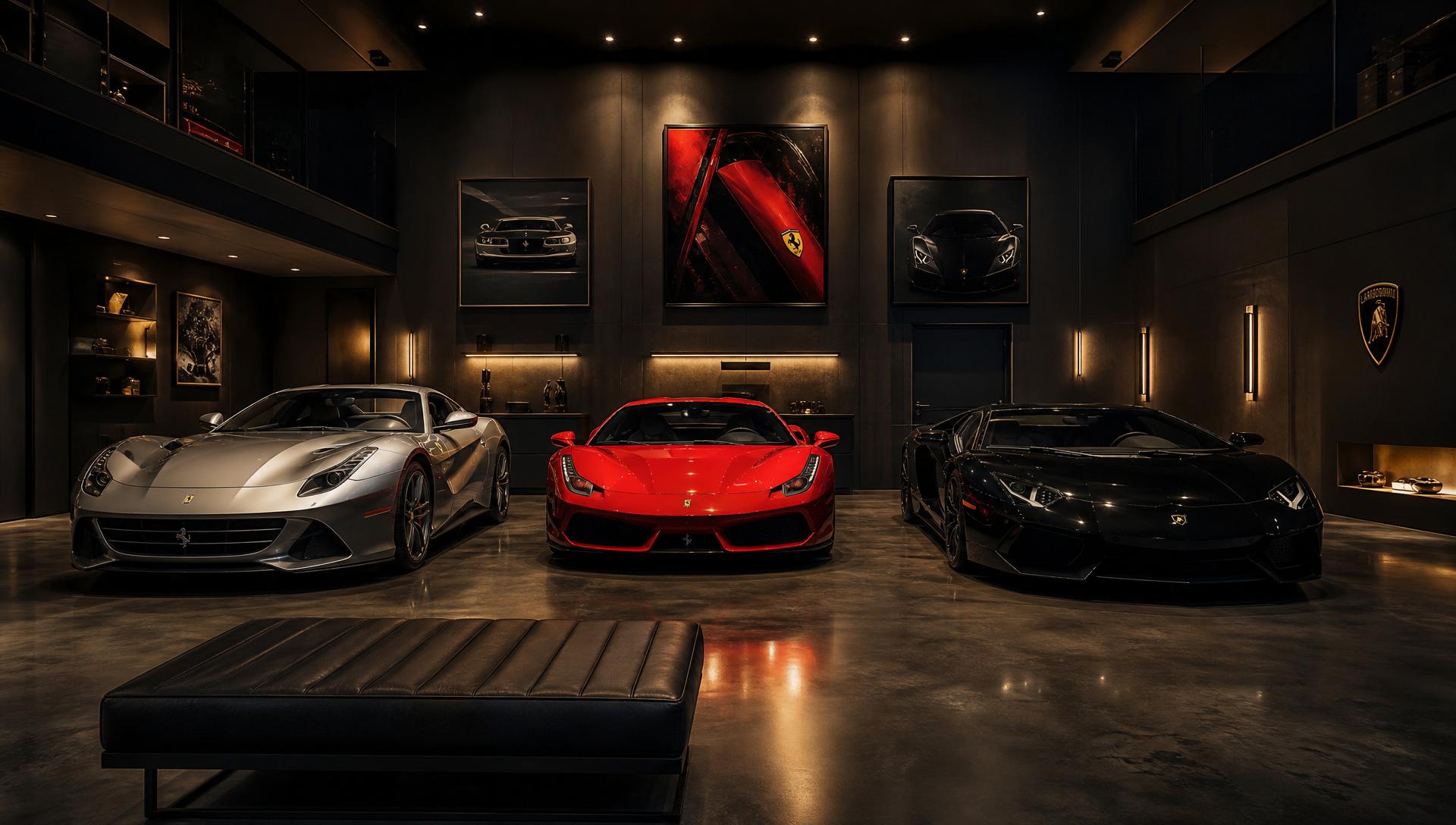 Private luxury garage residence interior with exotic automobiles