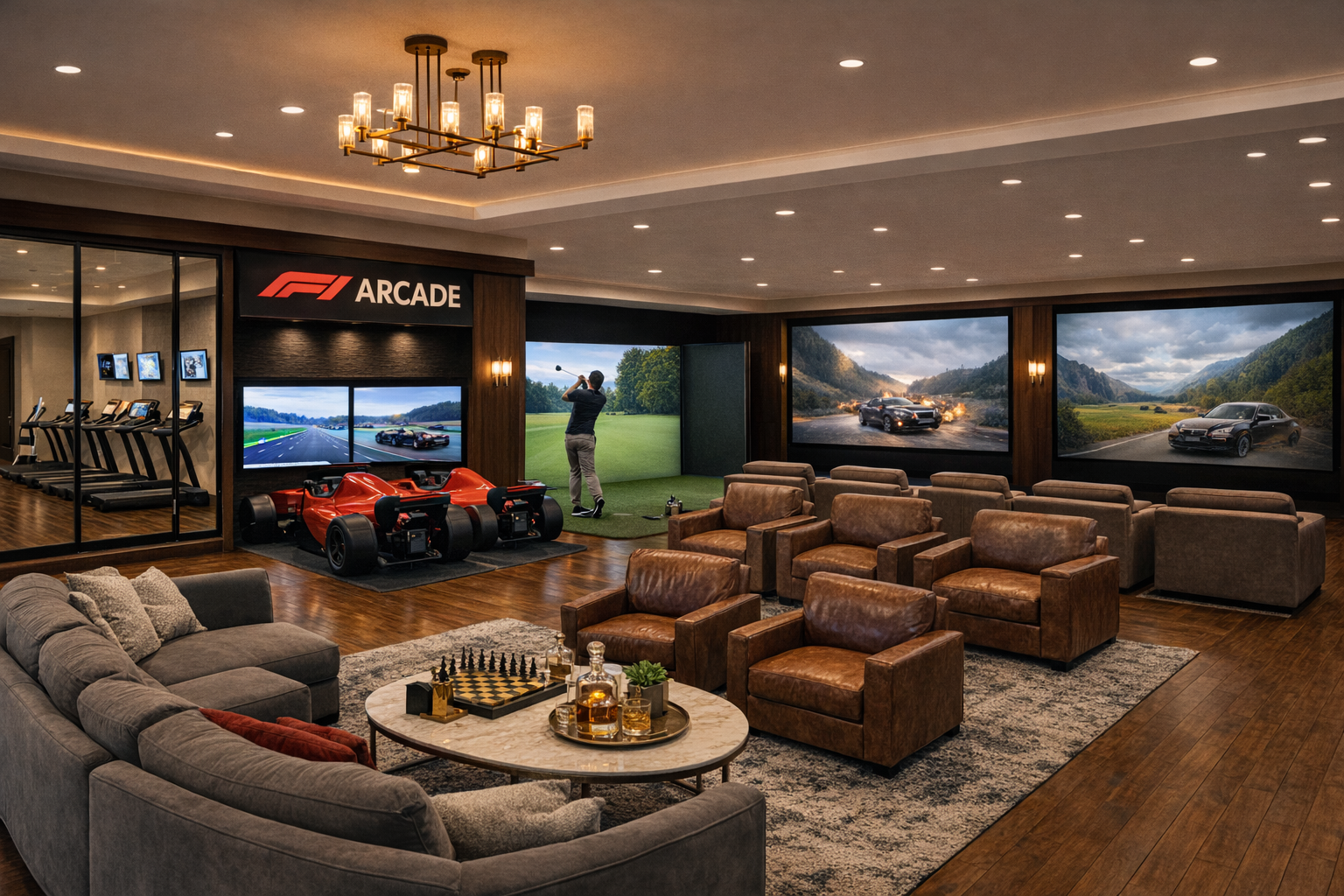 Private members lounge with leather chesterfields and whiskey bar